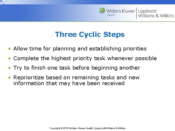 Three Cyclic Steps • Allow time for planning and establishing priorities • Complete the