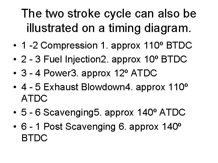 The two stroke cycle can also be illustrated on a timing diagram. • • The two stroke cycle can also be illustrated on a timing diagram. • •