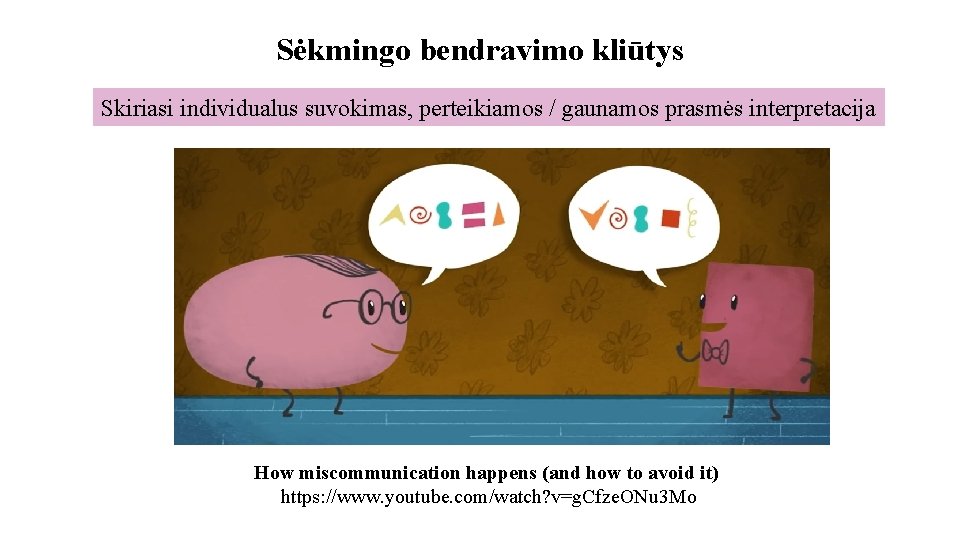 Sėkmingo bendravimo kliūtys Skiriasi individualus suvokimas, perteikiamos / gaunamos prasmės interpretacija How miscommunication happens