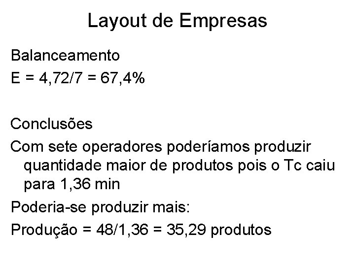 Layout de Empresas Balanceamento E = 4, 72/7 = 67, 4% Conclusões Com sete