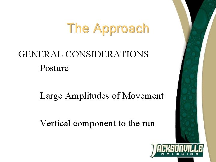 The Approach GENERAL CONSIDERATIONS Posture Large Amplitudes of Movement Vertical component to the run