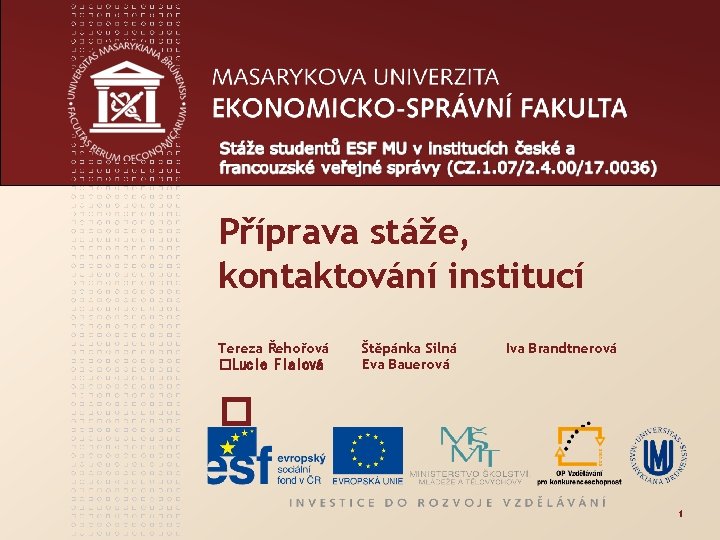 Příprava stáže, kontaktování institucí Tereza Řehořová �Lucie Fialová Štěpánka Silná Eva Bauerová Iva Brandtnerová