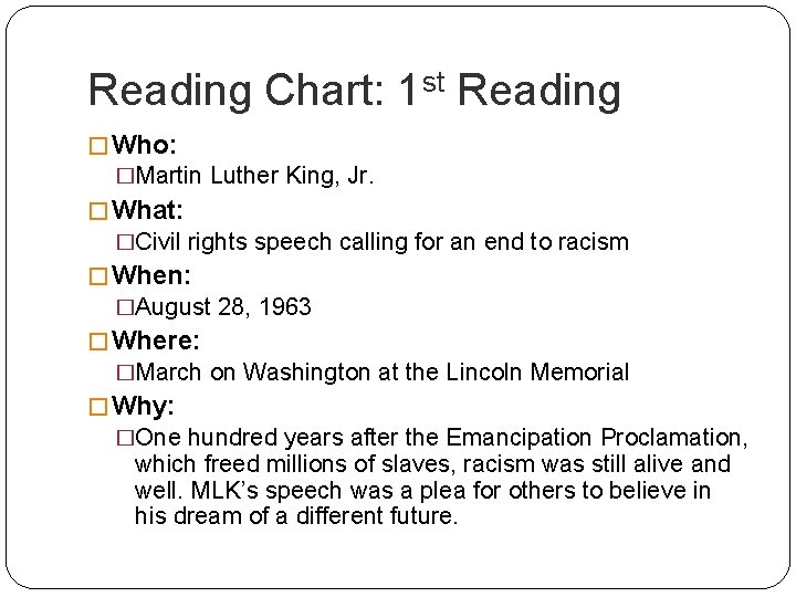 Reading Chart: 1 st Reading � Who: �Martin Luther King, Jr. � What: �Civil Reading Chart: 1 st Reading � Who: �Martin Luther King, Jr. � What: �Civil