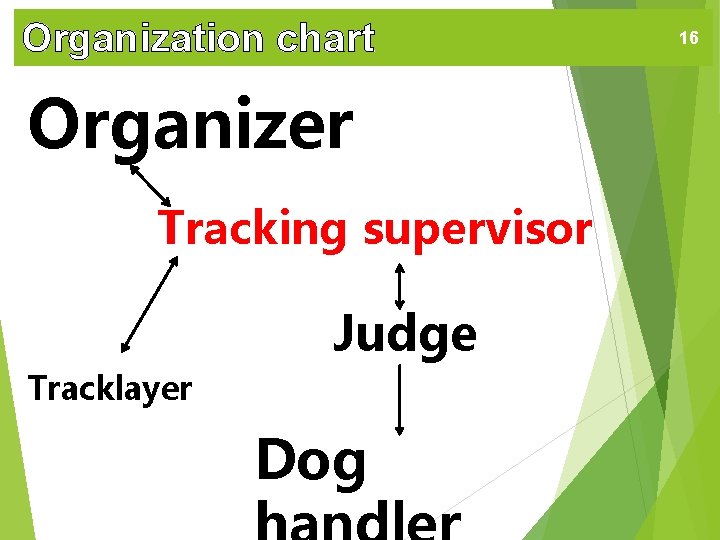 Organization chart Organizer Tracking supervisor Judge Tracklayer Dog 16 
