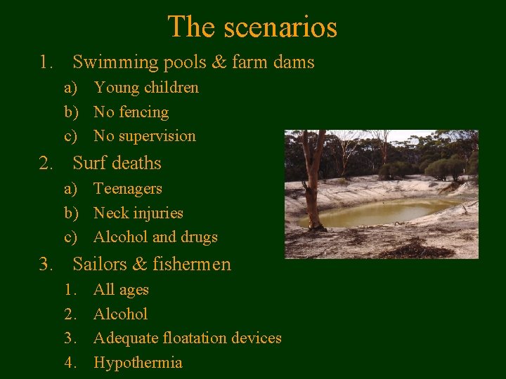 The scenarios 1. Swimming pools & farm dams a) Young children b) No fencing