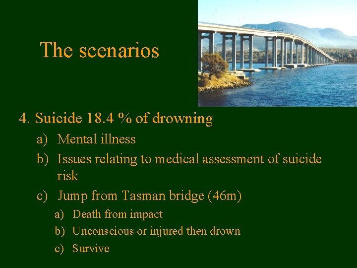 The scenarios 4. Suicide 18. 4 % of drowning a) Mental illness b) Issues