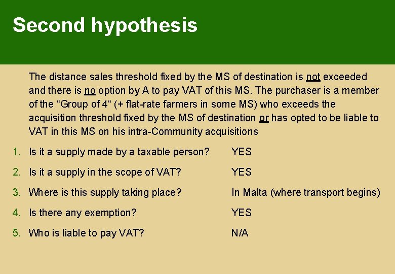 Second hypothesis The distance sales threshold fixed by the MS of destination is not