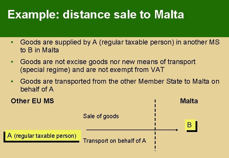 Example: distance sale to Malta • Goods are supplied by A (regular taxable person)