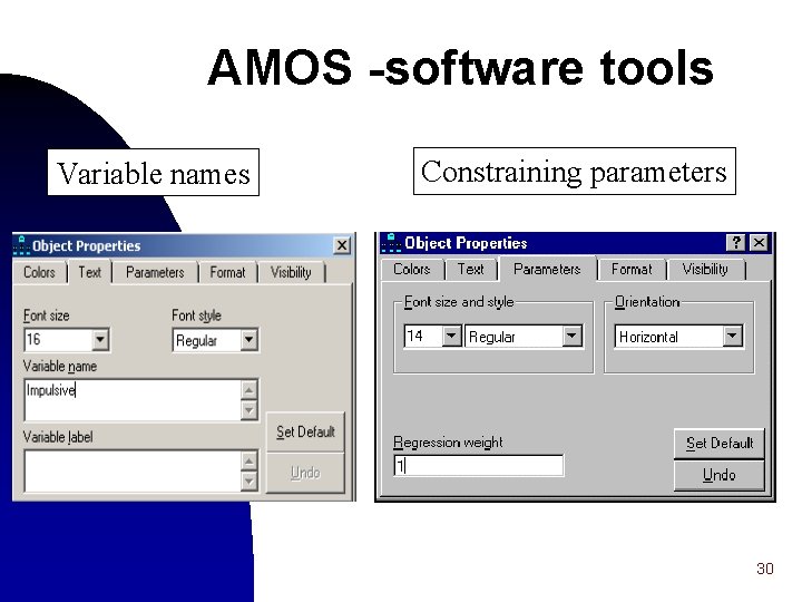 AMOS -software tools Variable names Constraining parameters 30 