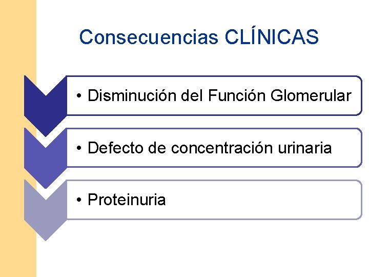 Consecuencias CLÍNICAS • Disminución del Función Glomerular • Defecto de concentración urinaria • Proteinuria