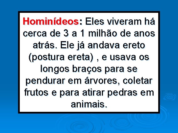 Hominídeos: Eles viveram há cerca de 3 a 1 milhão de anos atrás. Ele