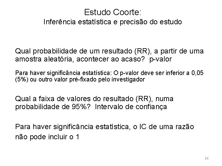 Estudo Coorte: Inferência estatística e precisão do estudo Qual probabilidade de um resultado (RR),