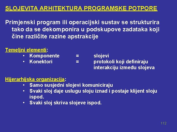 SLOJEVITA ARHITEKTURA PROGRAMSKE POTPORE Primjenski program ili operacijski sustav se strukturira tako da se
