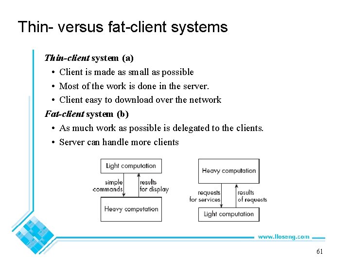 Thin- versus fat-client systems Thin-client system (a) • Client is made as small as