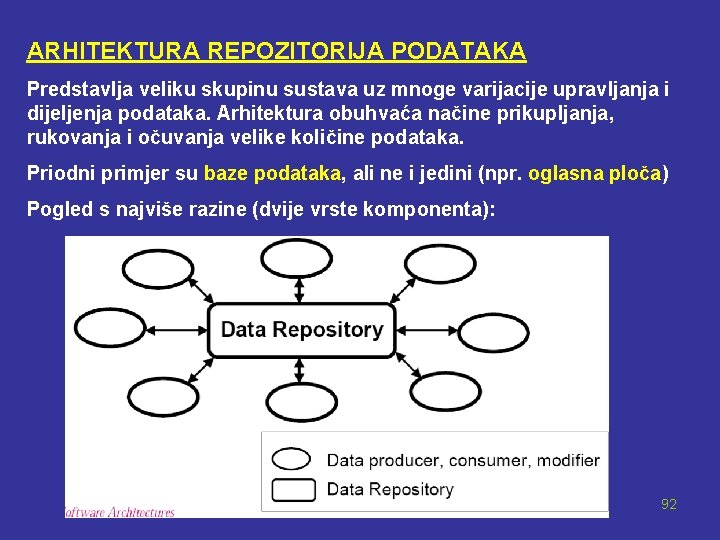 ARHITEKTURA REPOZITORIJA PODATAKA Predstavlja veliku skupinu sustava uz mnoge varijacije upravljanja i dijeljenja podataka.