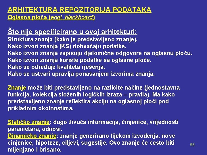 ARHITEKTURA REPOZITORIJA PODATAKA Oglasna ploča (engl. blackboard) Što nije specificirano u ovoj arhitekturi: Struktura