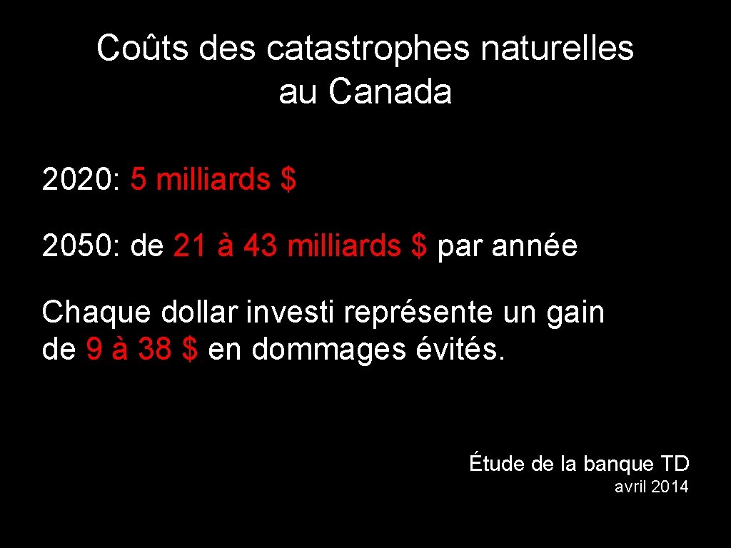 Coûts des catastrophes naturelles au Canada 2020: 5 milliards $ 2050: de 21 à