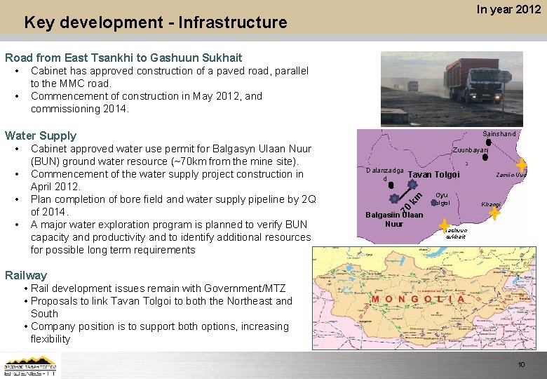 In year 2012 Key development - Infrastructure Road from East Tsankhi to Gashuun Sukhait