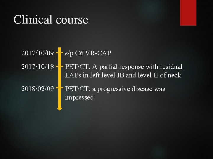 Clinical course 2017/10/09 s/p C 6 VR-CAP 2017/10/18 PET/CT: A partial response with residual