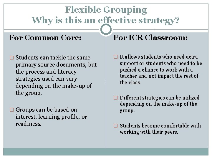 Flexible Grouping Why is this an effective strategy? For Common Core: For ICR Classroom: