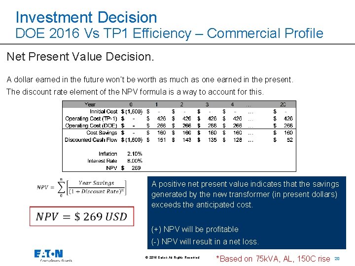 Investment Decision DOE 2016 Vs TP 1 Efficiency – Commercial Profile Net Present Value