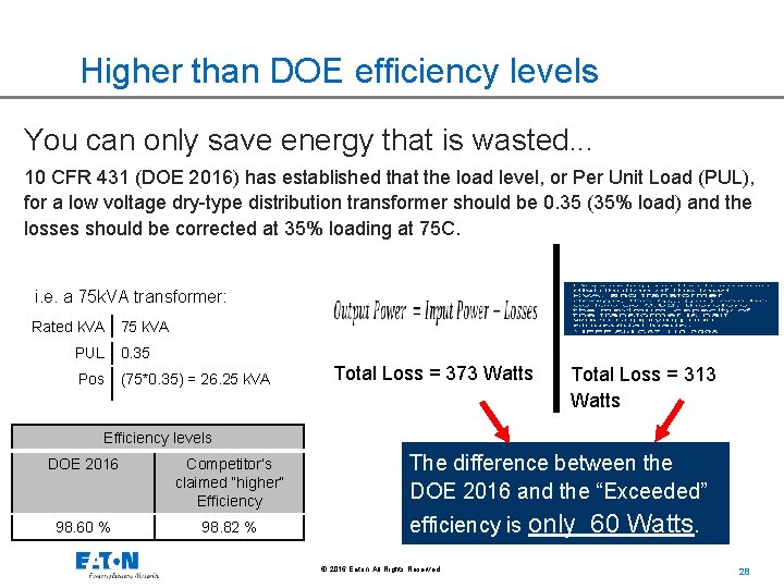 Higher than DOE efficiency levels You can only save energy that is wasted. .