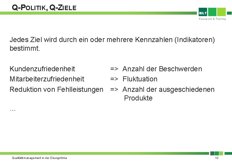 Q-POLITIK, Q-ZIELE Research & Testing Jedes Ziel wird durch ein oder mehrere Kennzahlen (Indikatoren)