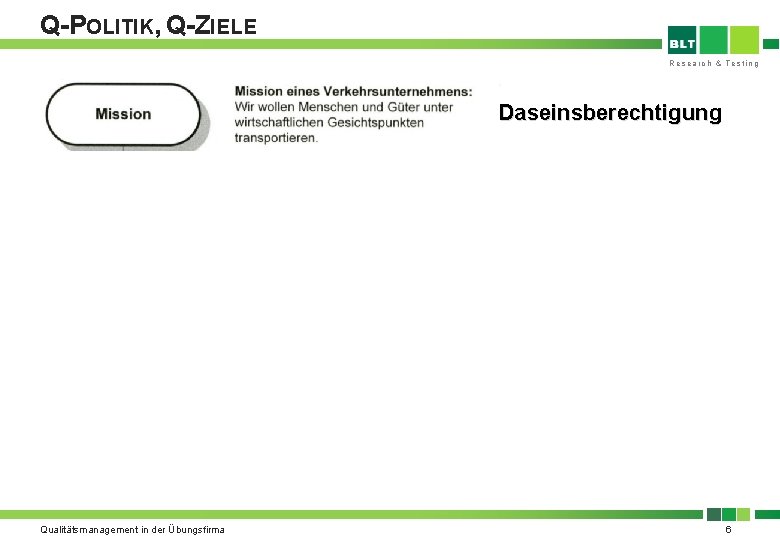 Q-POLITIK, Q-ZIELE Research & Testing Daseinsberechtigung Traum, Endzustand Ziele Wie machen wir‘s ? Qualitätsmanagement