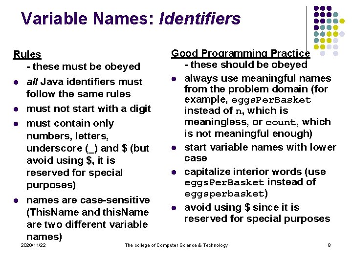 Variable Names: Identifiers Rules - these must be obeyed l all Java identifiers must