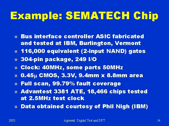 Example: SEMATECH Chip n n n n 2003 Bus interface controller ASIC fabricated and