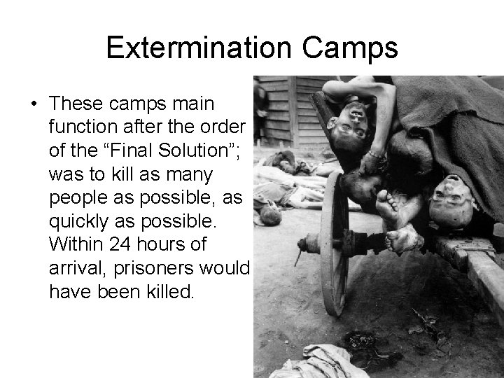 Extermination Camps • These camps main function after the order of the “Final Solution”;