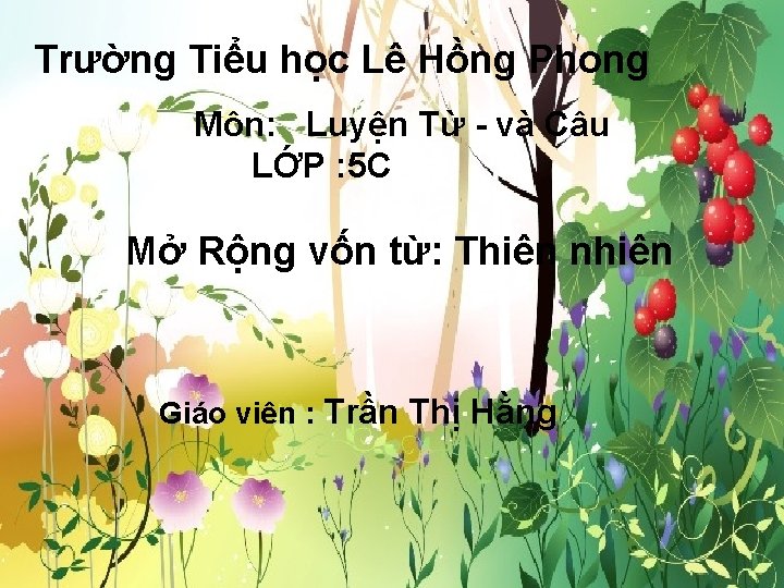 Trường Tiểu học Lê Hồng Phong Môn: Luyện Từ - và Câu LỚP :