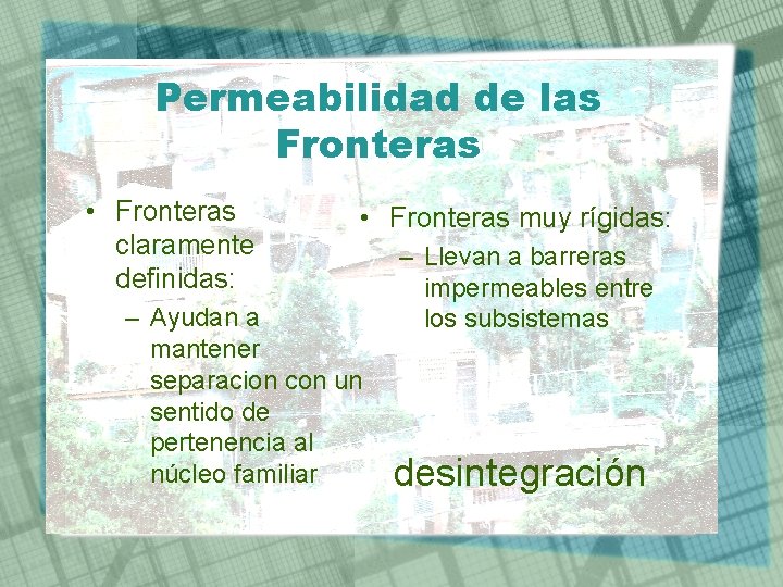 Permeabilidad de las Fronteras • Fronteras claramente definidas: • Fronteras muy rígidas: – Ayudan