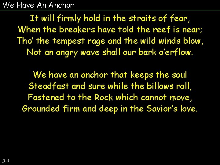 We Have An Anchor It will firmly hold in the straits of fear, When