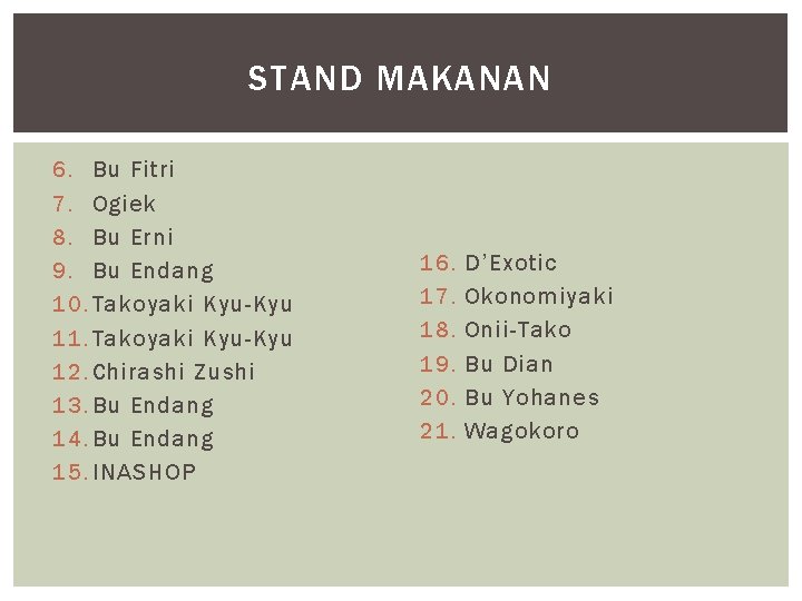 STAND MAKANAN 6. Bu Fitri 7. Ogiek 8. Bu Erni 9. Bu Endang 10.