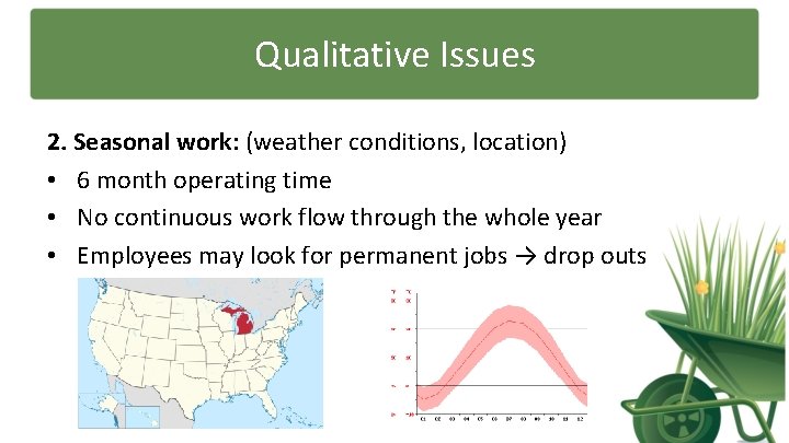 Qualitative Issues 2. Seasonal work: (weather conditions, location) • 6 month operating time •