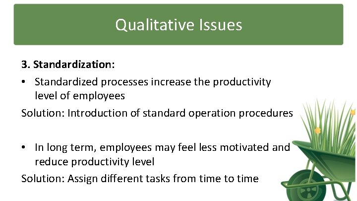 Qualitative Issues 3. Standardization: • Standardized processes increase the productivity level of employees Solution: