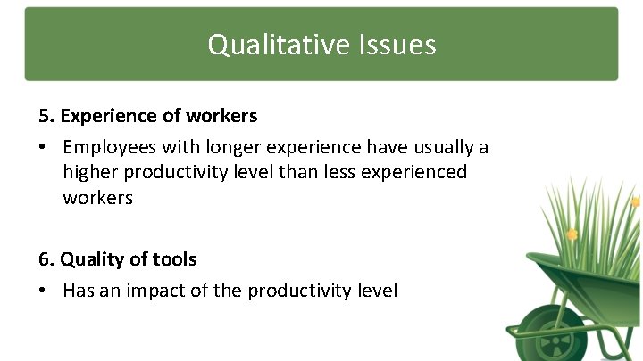 Qualitative Issues 5. Experience of workers • Employees with longer experience have usually a