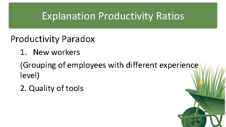 Explanation Productivity Ratios Productivity Paradox 1. New workers (Grouping of employees with different experience