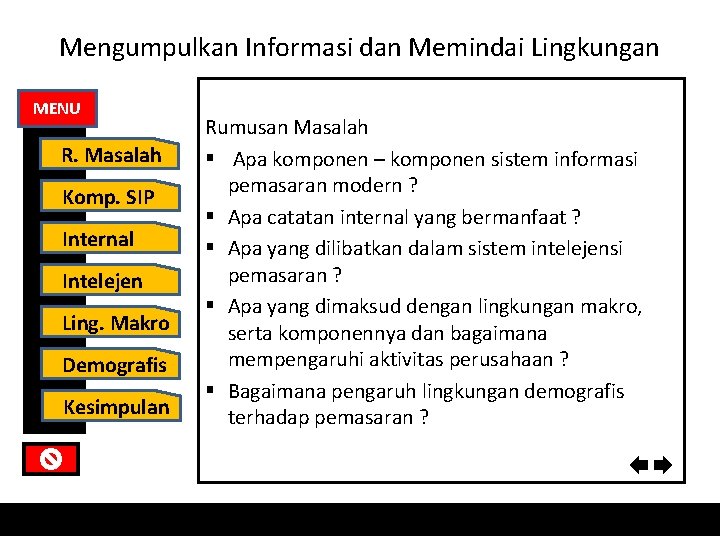 Mengumpulkan Informasi dan Memindai Lingkungan MENU R. Masalah Komp. SIP Internal Intelejen Ling. Makro