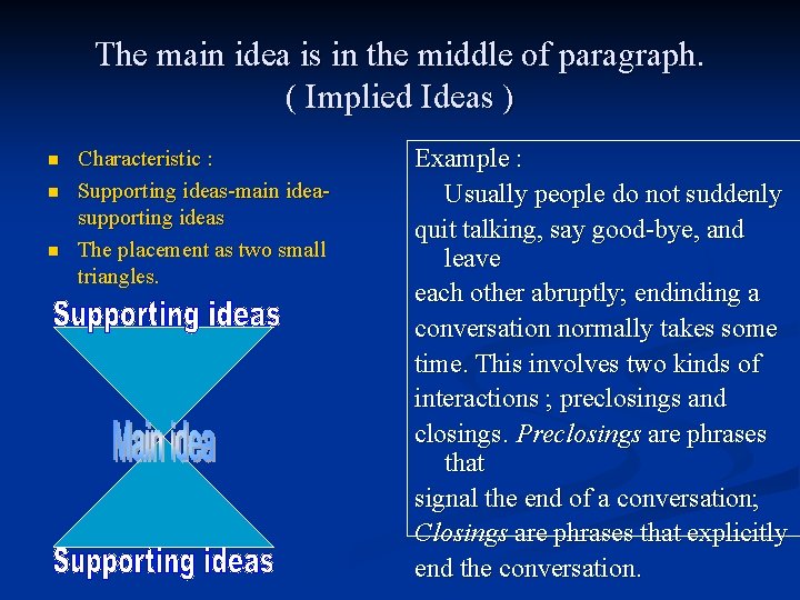 The main idea is in the middle of paragraph. ( Implied Ideas ) n