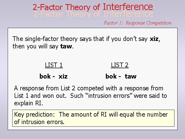 2 -Factor Theory of Interference Factor 1: Response Competition The single-factor theory says that