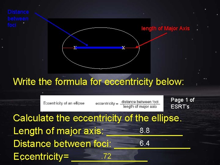 Distance between foci length of Major Axis X X Write the formula for eccentricity