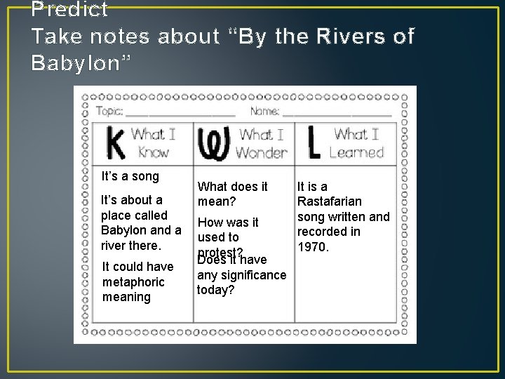 Predict Take notes about “By the Rivers of Babylon” It’s a song It’s about