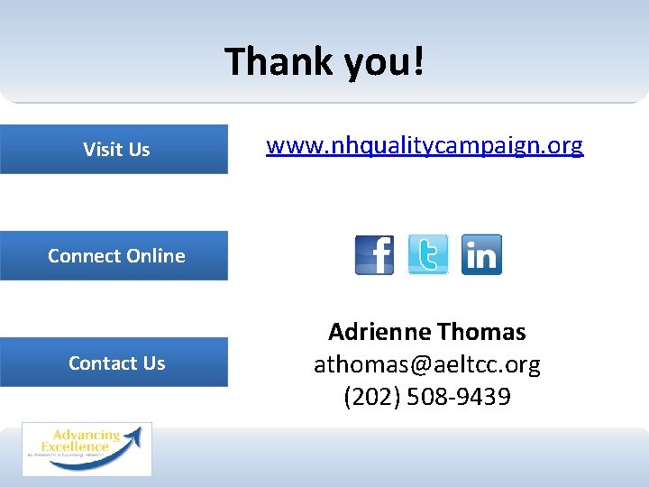 Thank you! Visit Us www. nhqualitycampaign. org Connect Online Contact Us Adrienne Thomas athomas@aeltcc.