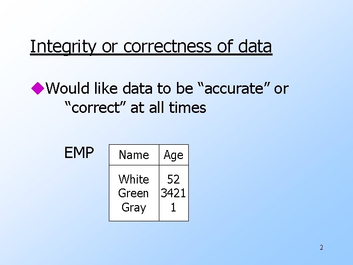 Integrity or correctness of data u. Would like data to be “accurate” or “correct”
