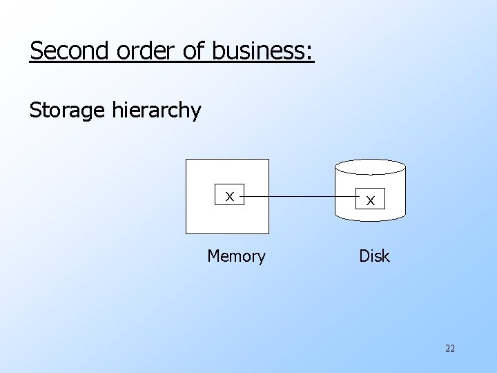 Second order of business: Storage hierarchy x Memory x Disk 22 