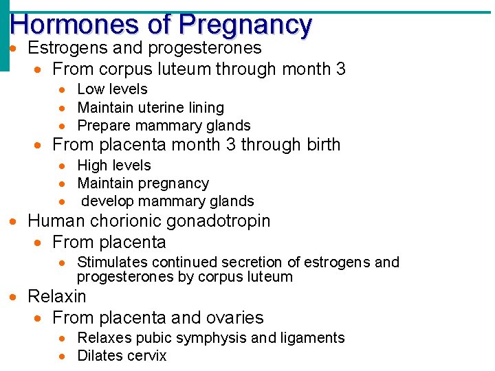 Hormones of Pregnancy Estrogens and progesterones From corpus luteum through month 3 Low levels