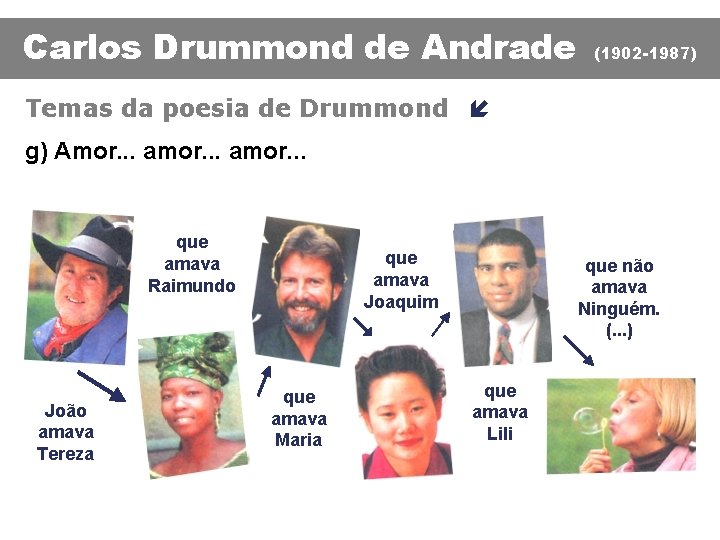 Carlos Drummond de Andrade (1902 -1987) Temas da poesia de Drummond í g) Amor.