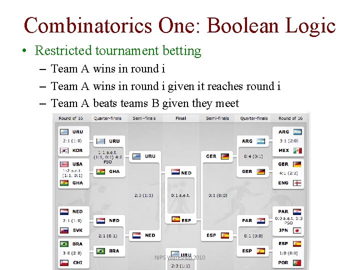 Combinatorics One: Boolean Logic • Restricted tournament betting – Team A wins in round
